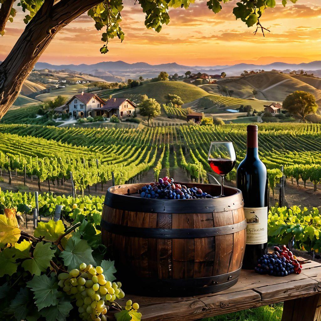 A lush vineyard landscape at sunset, showcasing rolling hills covered with grapevines, with a rustic wooden wine barrel in the foreground. Include a glass of red wine, shimmering in the golden light, and a map highlighting regions of wine culture spread across a table. Add elements of grape clusters and wine tools to emphasize the journey of winemaking. vibrant colors. super-realistic.