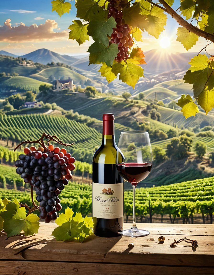 A beautiful vineyard with lush grapes hanging from the vines, a serene landscape backdrop with rolling hills, an elegant glass of red wine in the foreground reflecting sunlight, intricate winemaking tools like a corkscrew and barrel subtly placed around. The atmosphere should evoke a sense of harmony between nature and craftsmanship. vibrant colors. super-realistic.