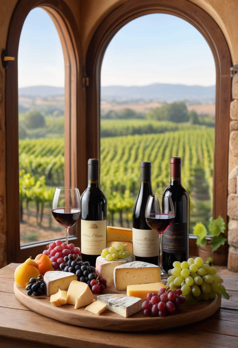 A beautifully arranged table showcasing a variety of wine bottles, each labeled with distinct wine types, surrounded by gourmet cheese and fruits for pairing. Soft, ambient lighting enhances the atmosphere, creating a warm and inviting setting. Include an elegant wine glass filled with rich red wine and a cheese platter in the foreground. Cozy, rustic background elements like wooden accents and a vineyard view through a window. super-realistic. warm colors. 3D.